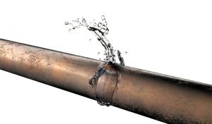 bursted copper pipe with water leaking out, 3d illustration