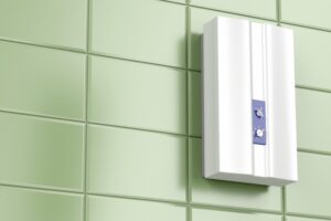 tankless-system-on-green-bathroom-wall