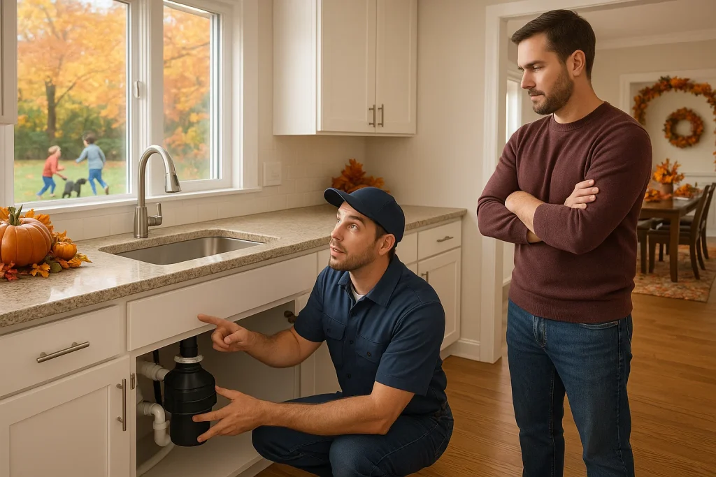 Plumber inspecting clogged garbage disposal in Skokie home