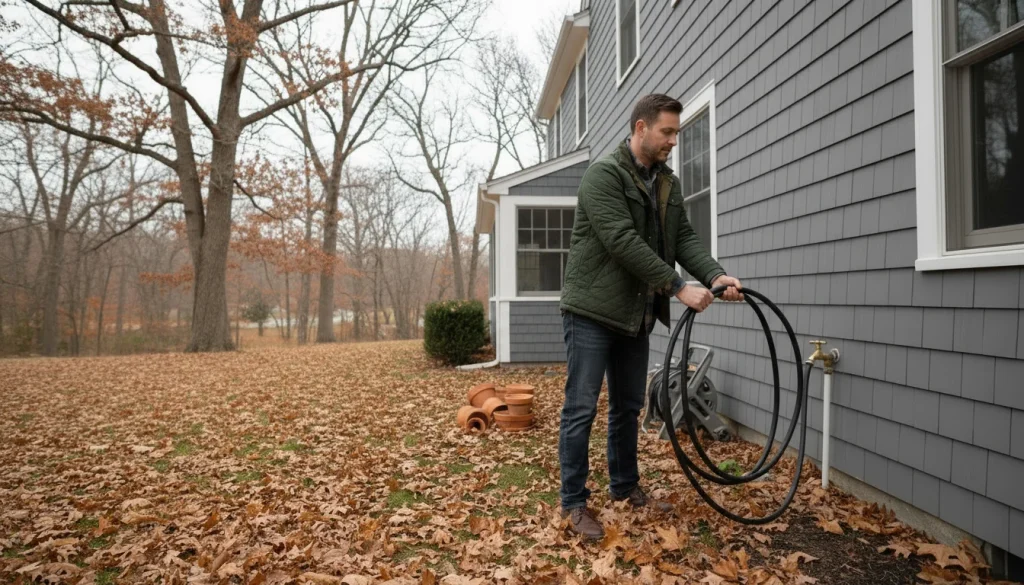 Homeowner disconnecting and storing garden hose to prevent frozen outdoor pipes