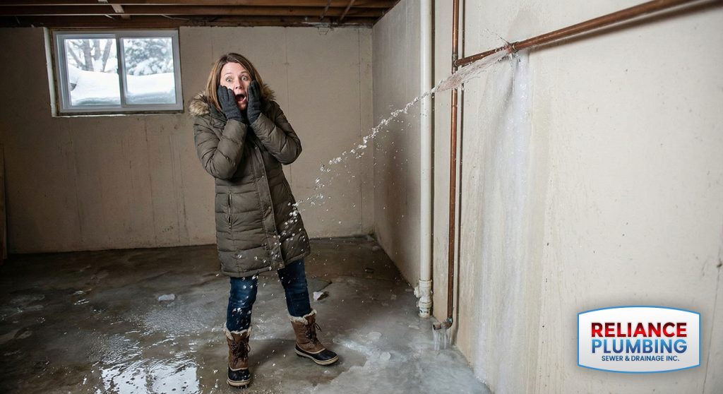 A panicked woman discorvering a burst pipe during the winter