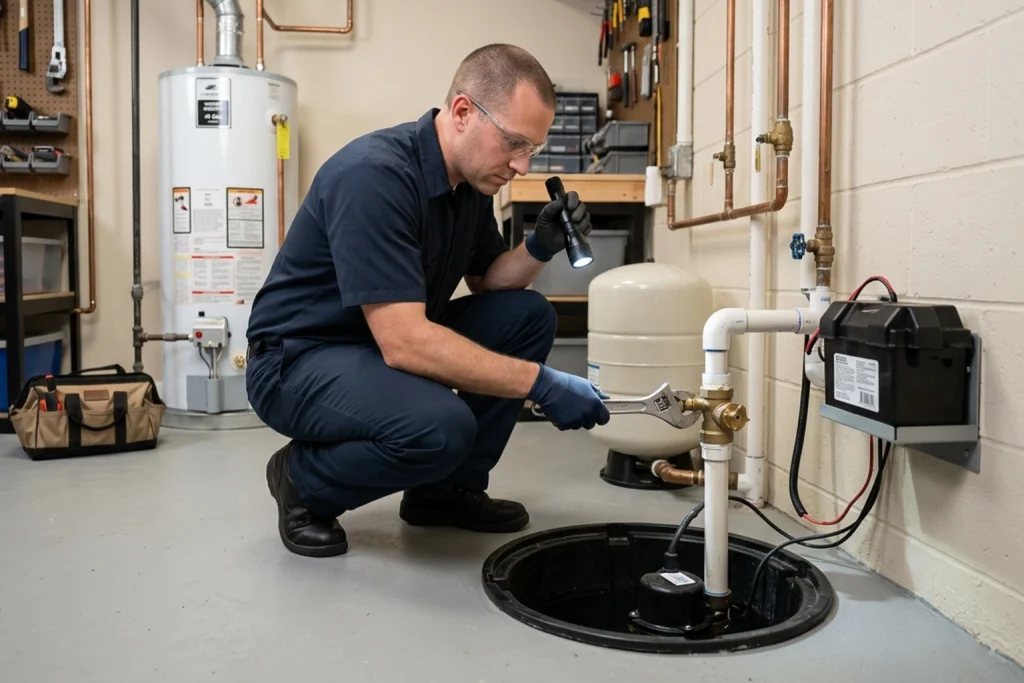 Plumber inspecting sump pump and water heater in basement