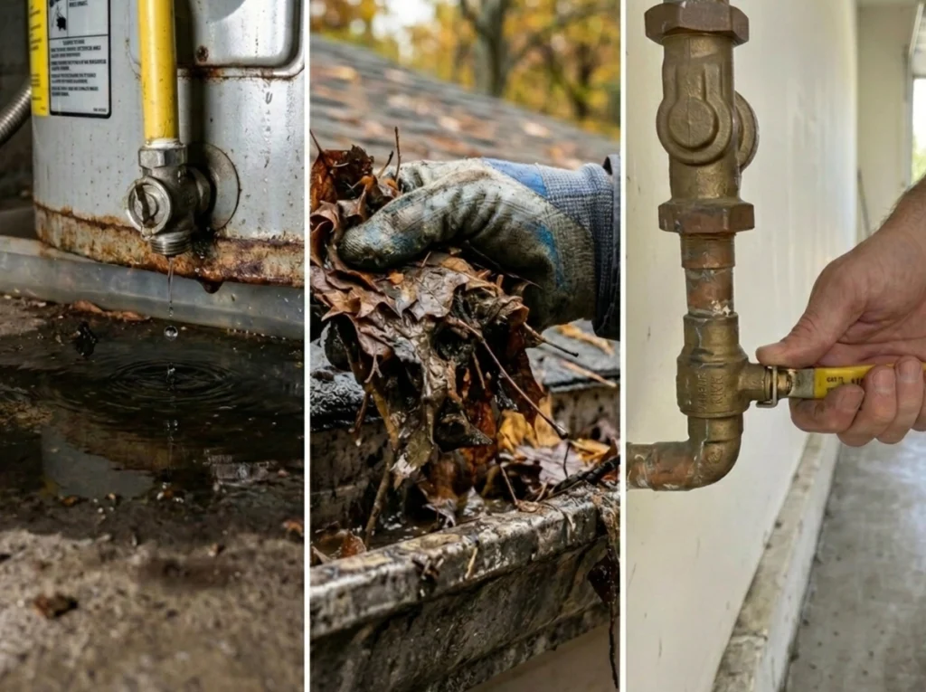 A tri-panel split screen of plumbing items to do before vacation.