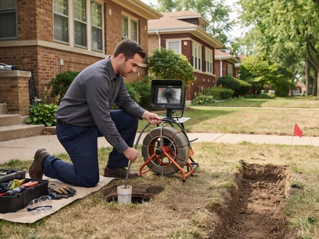 Plumber locating and inspecting sewer damage in dry summer conditions