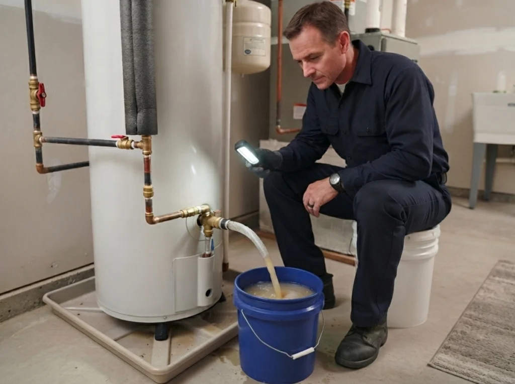 Plumber flushing sediment from a noisy water heater in Northbrook